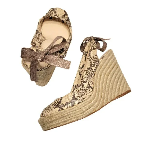 COACH Maritza Snake Skin Peep Toe Slingback Bow Espadrille Wedge - Picture 3 of 9